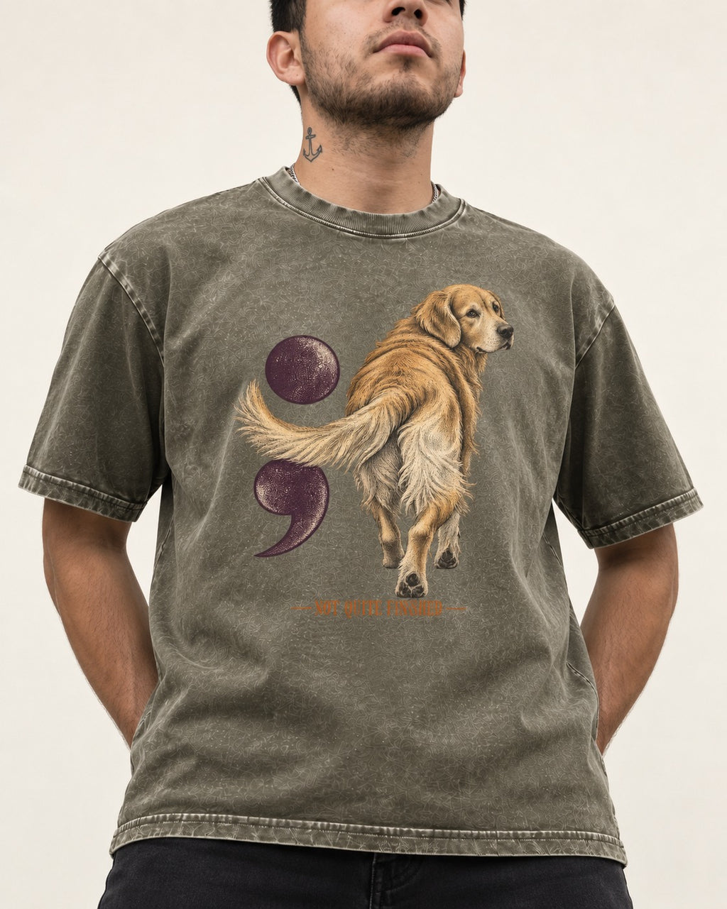 Golden Retriever Not Quite Finished Semicolon Graphic Washed Tee in Army Green, worn by a model, front view