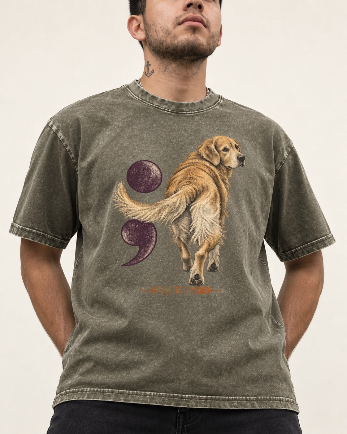 Golden Retriever Not Quite Finished Semicolon Graphic Washed Tee in Army Green, worn by a model, front view