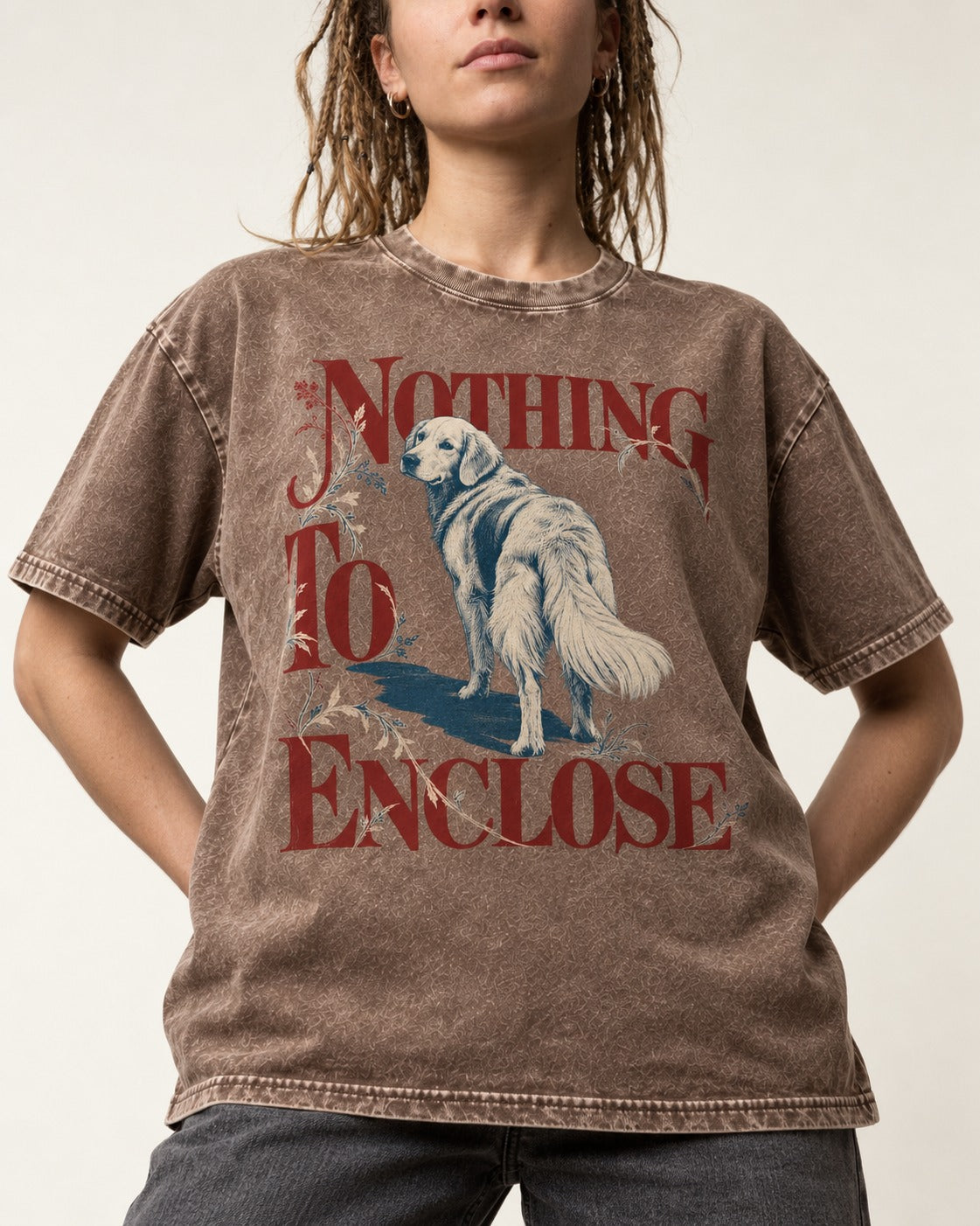 Golden Retriever Nothing to Enclose Washed Tee in Coffee, worn by a model, front view