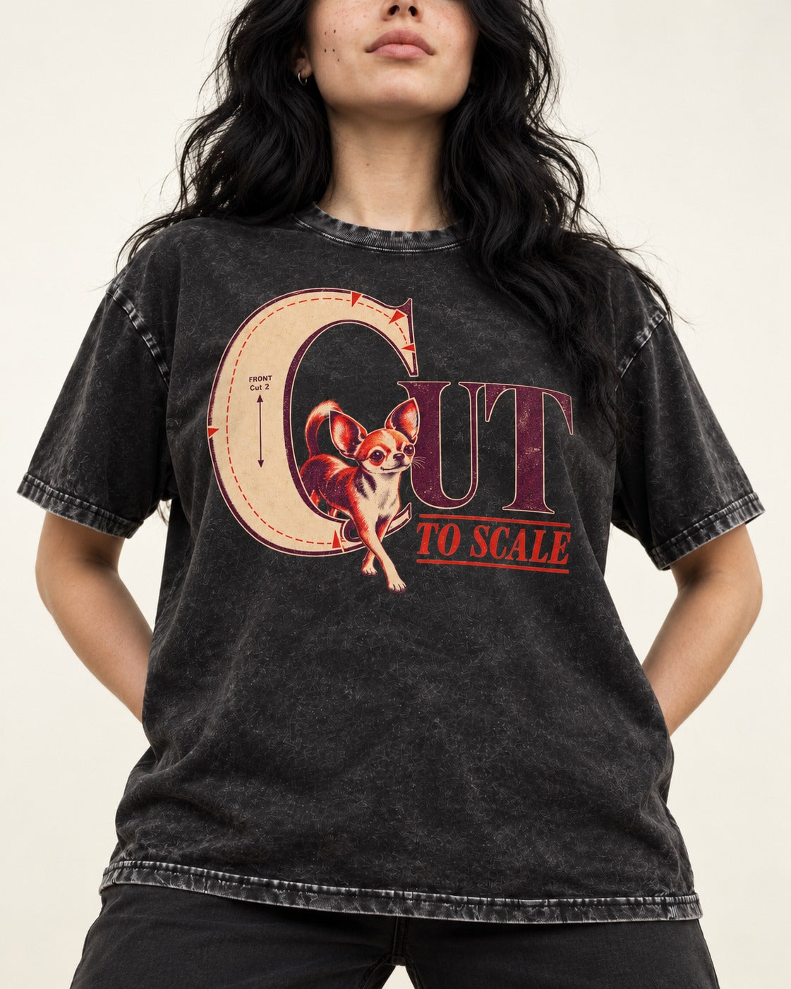 Chihuahua Cut to Scale Sewing Pattern Graphic Washed Tee in Black, worn by a model, front view