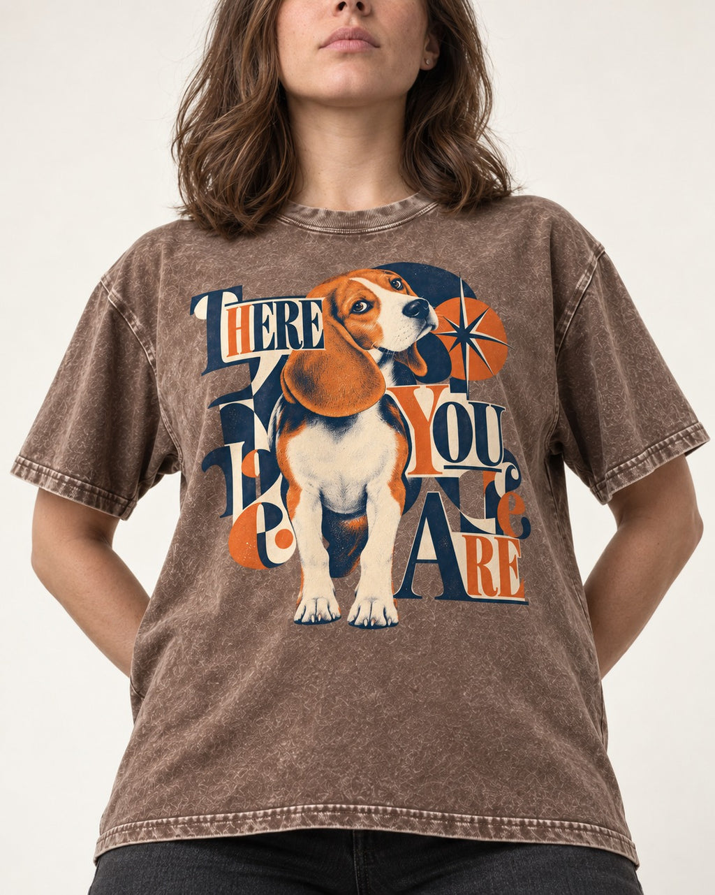 There You Are Beagle Washed Tee in Coffee, worn by a model, front view