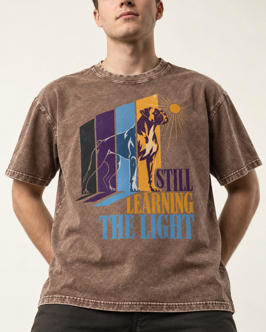 Still Learning the Light Boxer Doorway Progression Graphic Washed Tee in Coffee, worn by a model, front view