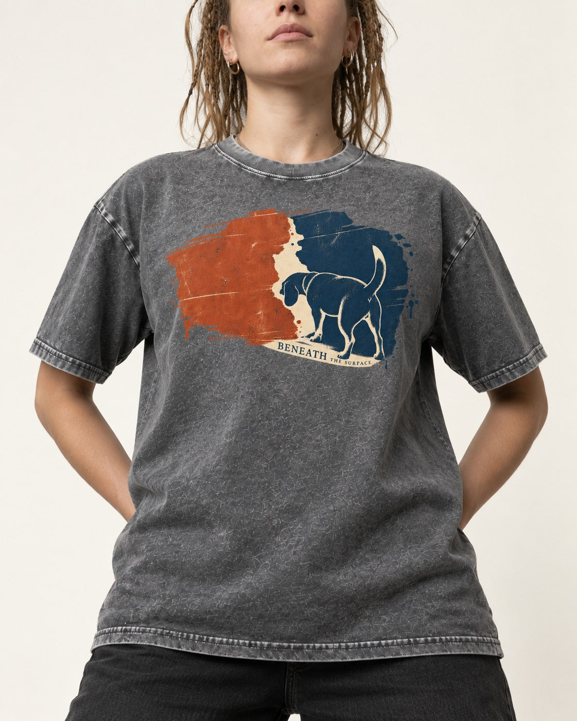 Beagle Beneath The Surface Scent Trail Washed Tee in Gray, worn by a model, front view