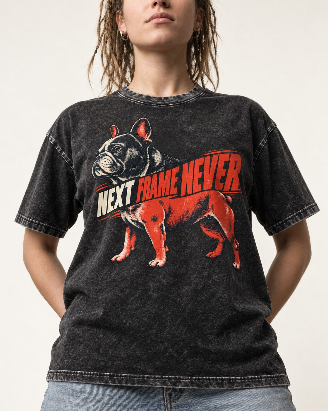 Frenchie Next Frame Never Motion Banner Graphic Washed Tee in Black, worn by a model, front view