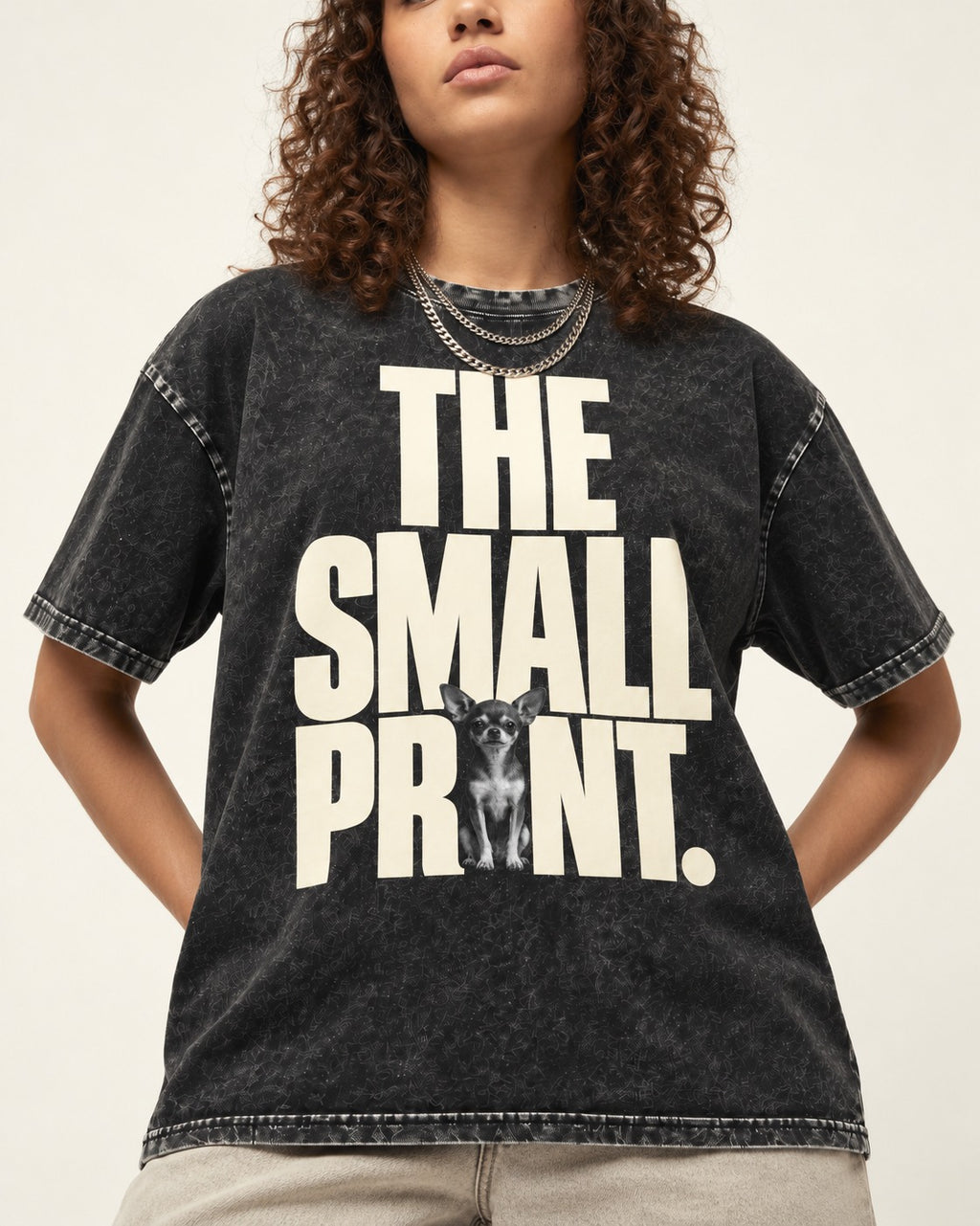 Chihuahua The Small Print Typographic Portrait Washed Tee in Black, worn by a model, front view