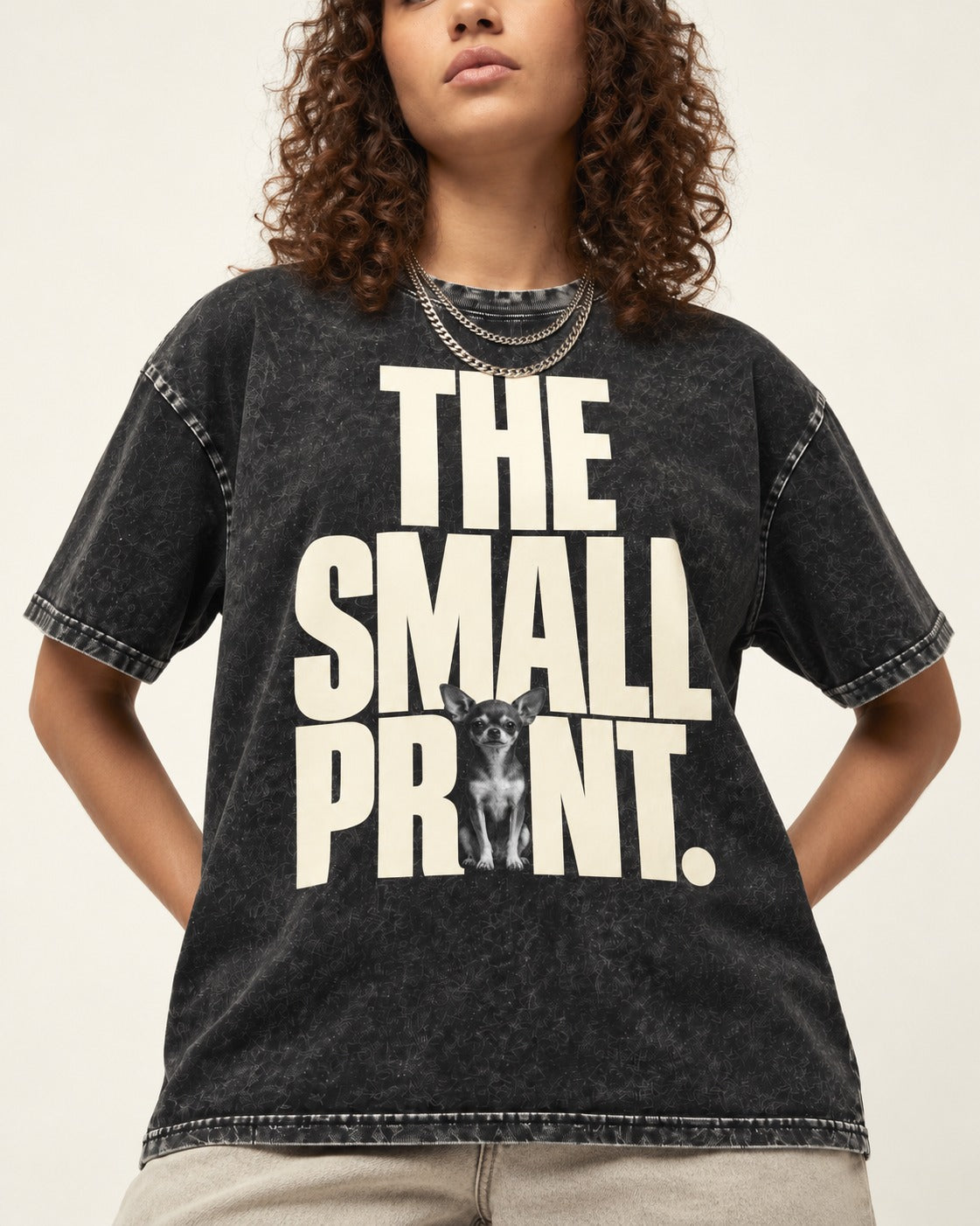 Chihuahua The Small Print Typographic Portrait Washed Tee in Black, worn by a model, front view