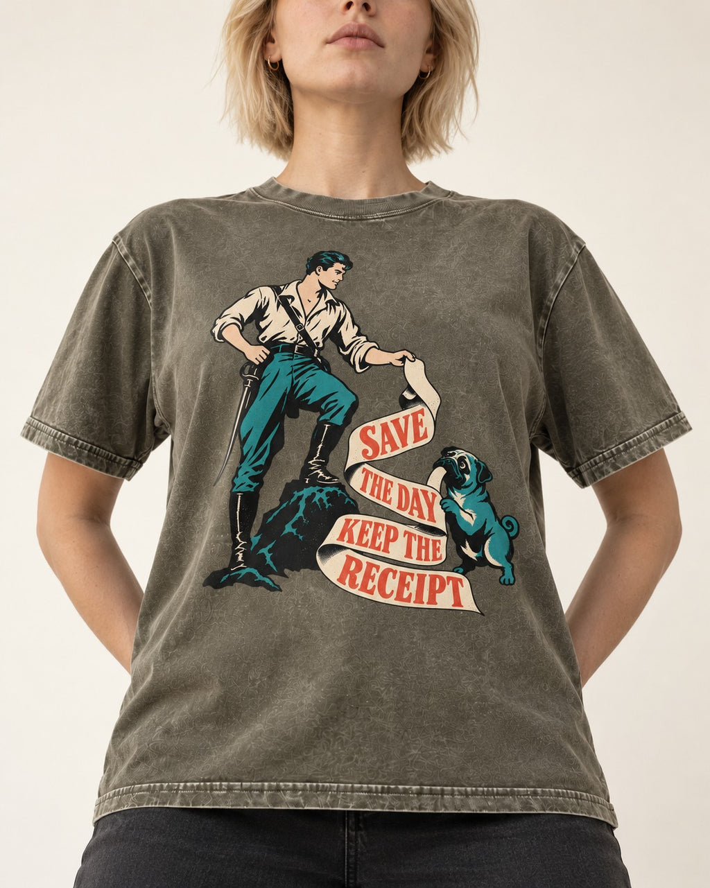 Pug Save the Day Keep the Receipt Hero Graphic Washed Tee in Army Green, worn by a model, front view
