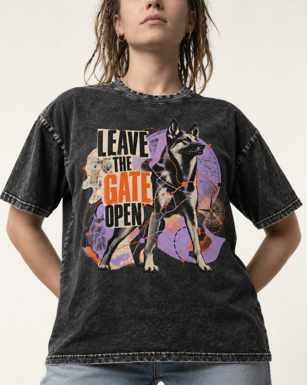 Leave The Gate Open Transit Collage German Shepherd Dog Graphic Washed Tee in Black, worn by a model, front view