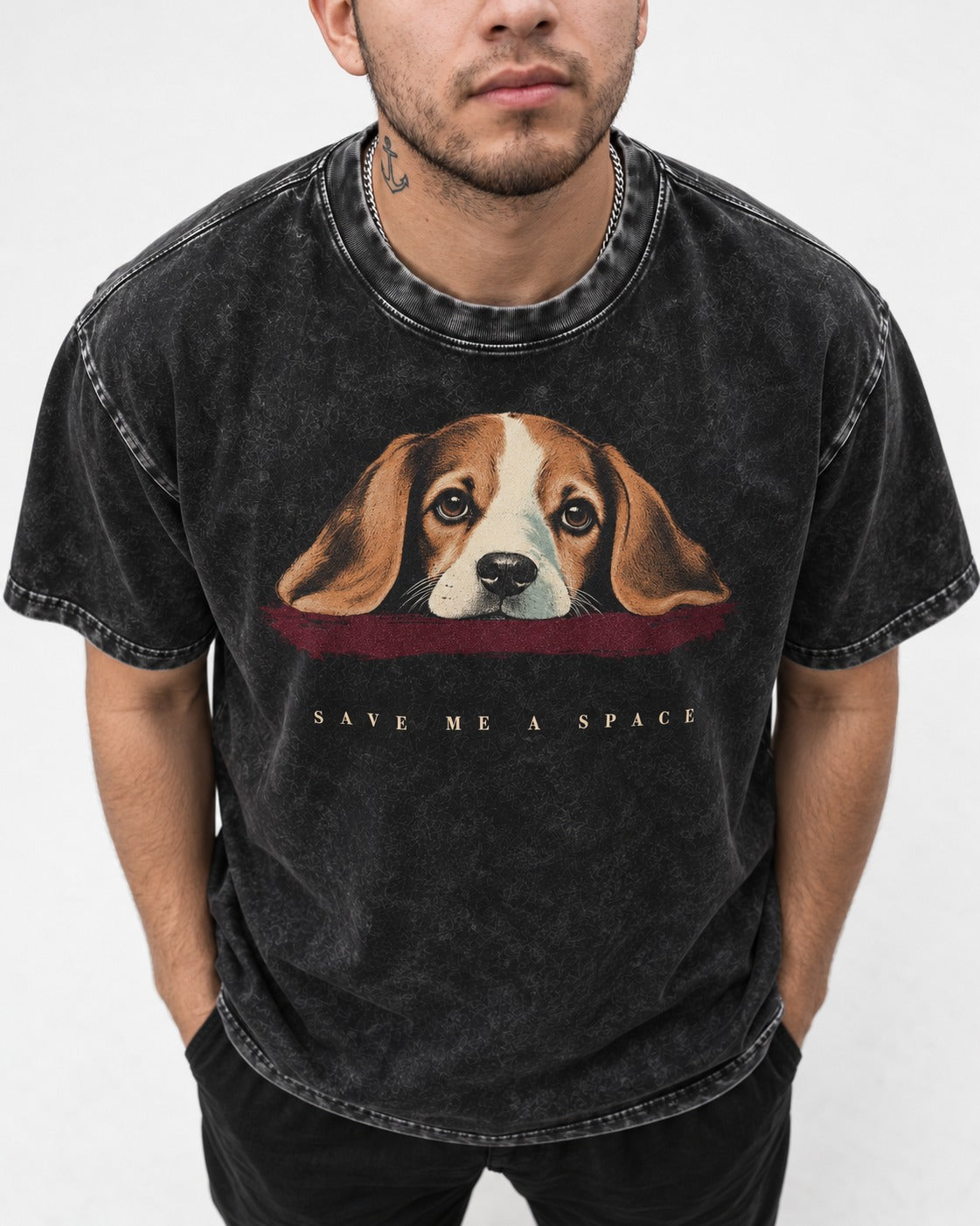 Save Me A Space Beagle Washed Tee in Black, worn by a model, front view