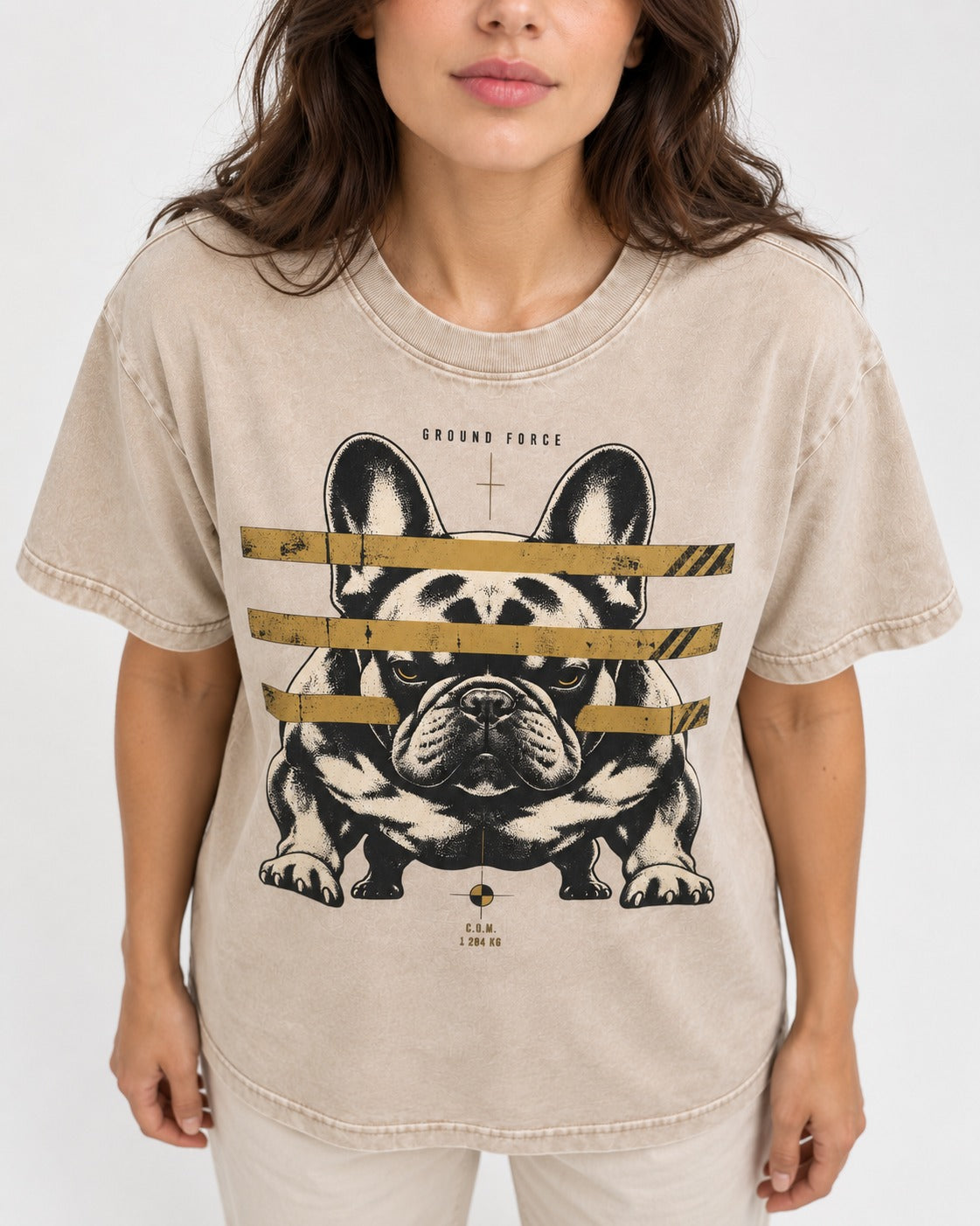 Frenchie Ground Force Industrial Barrier Graphic Washed Tee in Apricot, worn by a model, front view