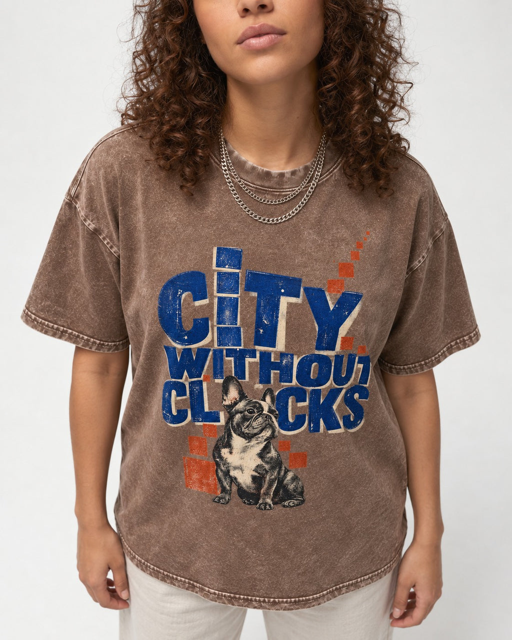 Frenchie's City Without Clocks Washed Tee in Coffee, worn by a model, front view