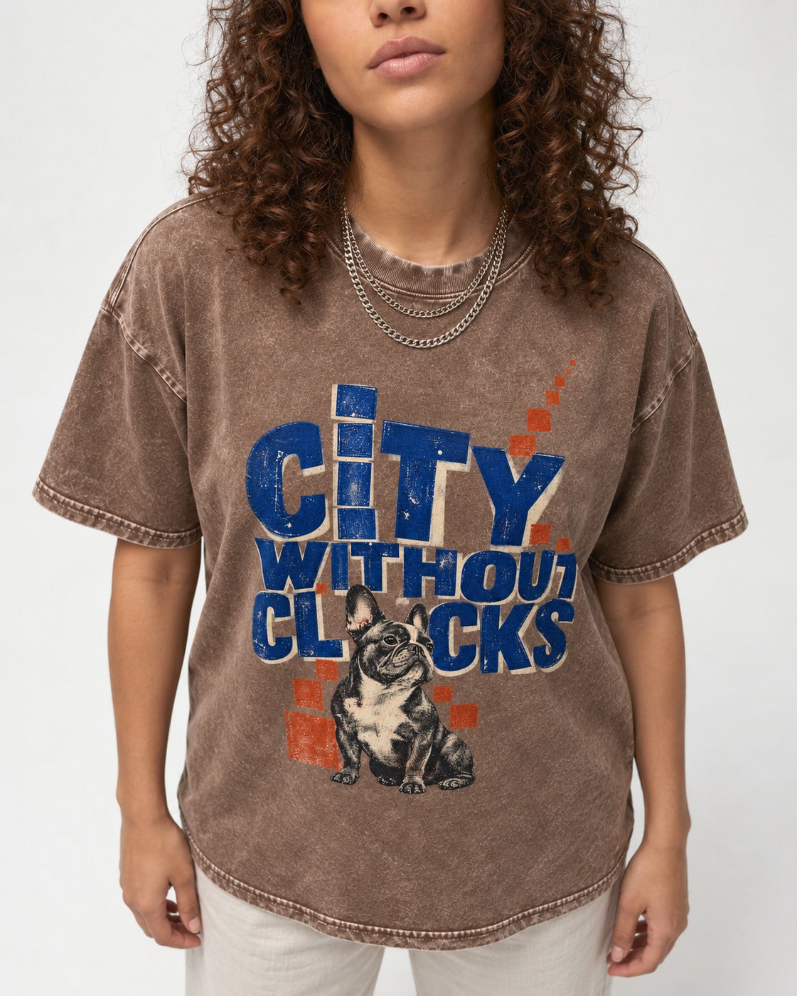Frenchie's City Without Clocks Washed Tee in Coffee, worn by a model, front view