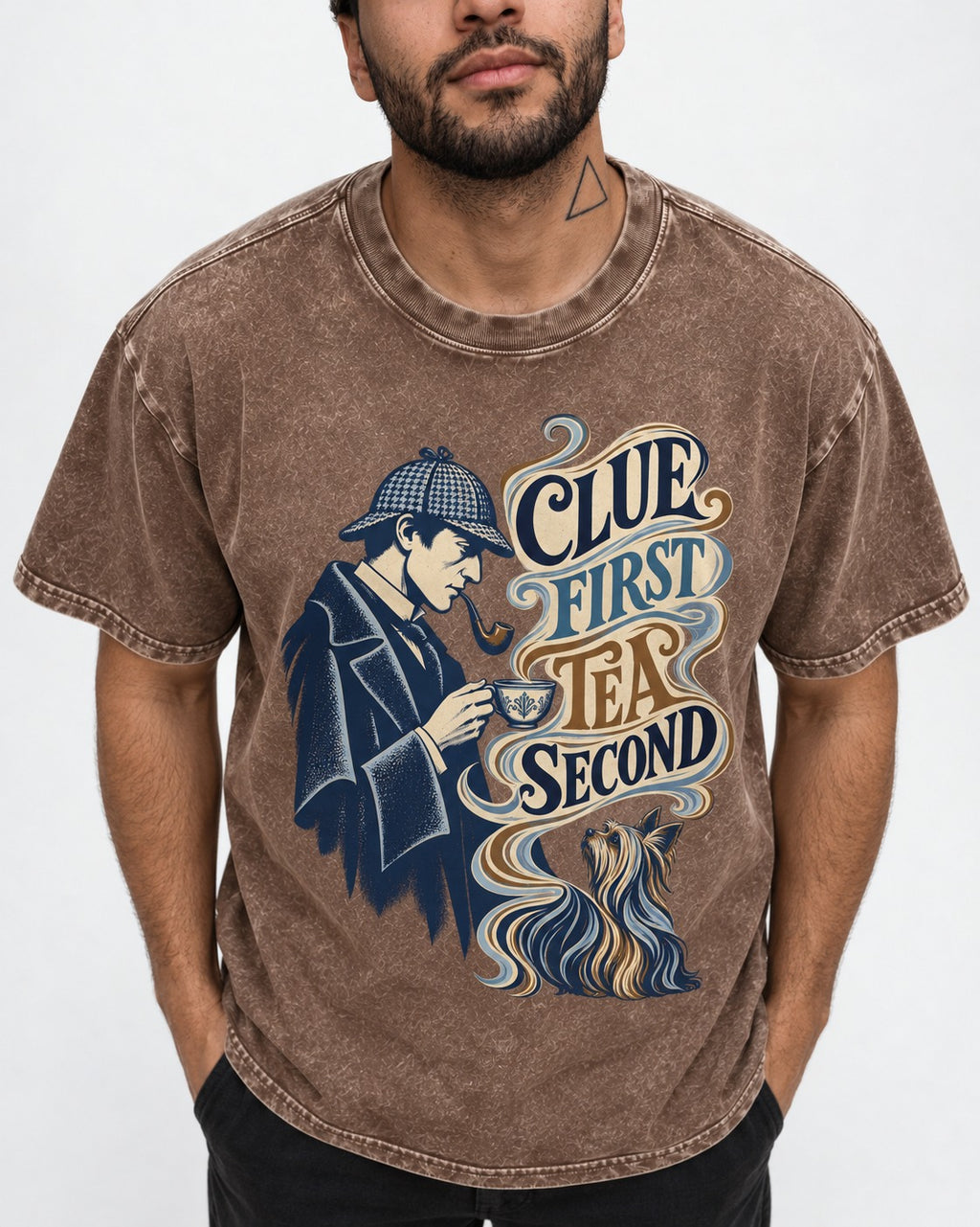 Yorkshire Terrier Clue First Tea Second Detective Graphic Washed Tee in Coffee, worn by a model, front view