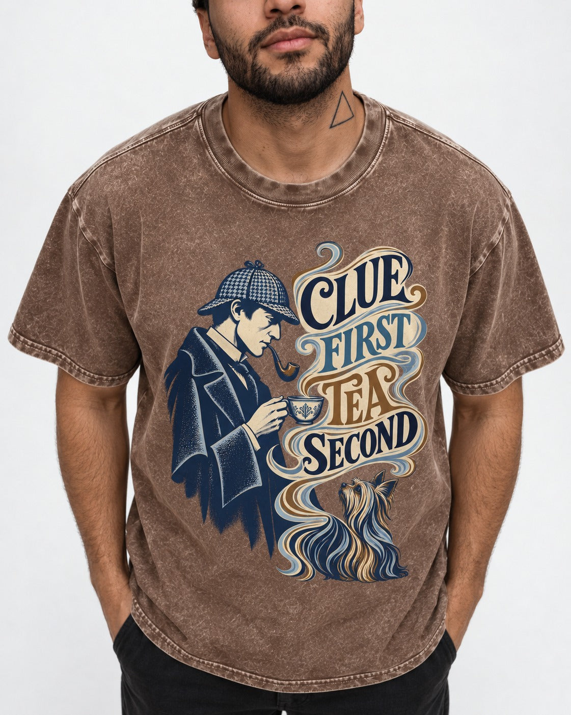 Yorkshire Terrier Clue First Tea Second Detective Graphic Washed Tee in Coffee, worn by a model, front view