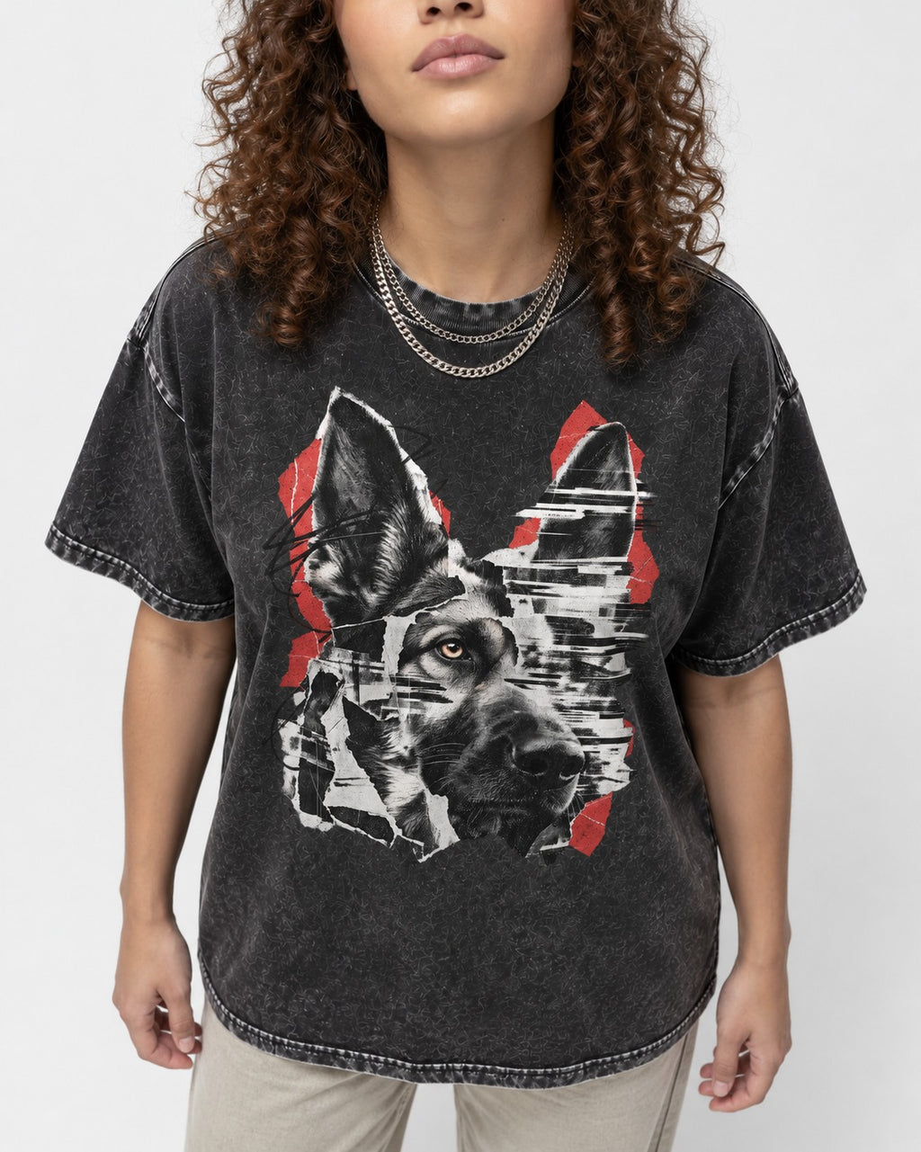 Black Signal Torn Collage German Shepherd Dog Portrait Graphic Washed Tee in Black, worn by a model, front view