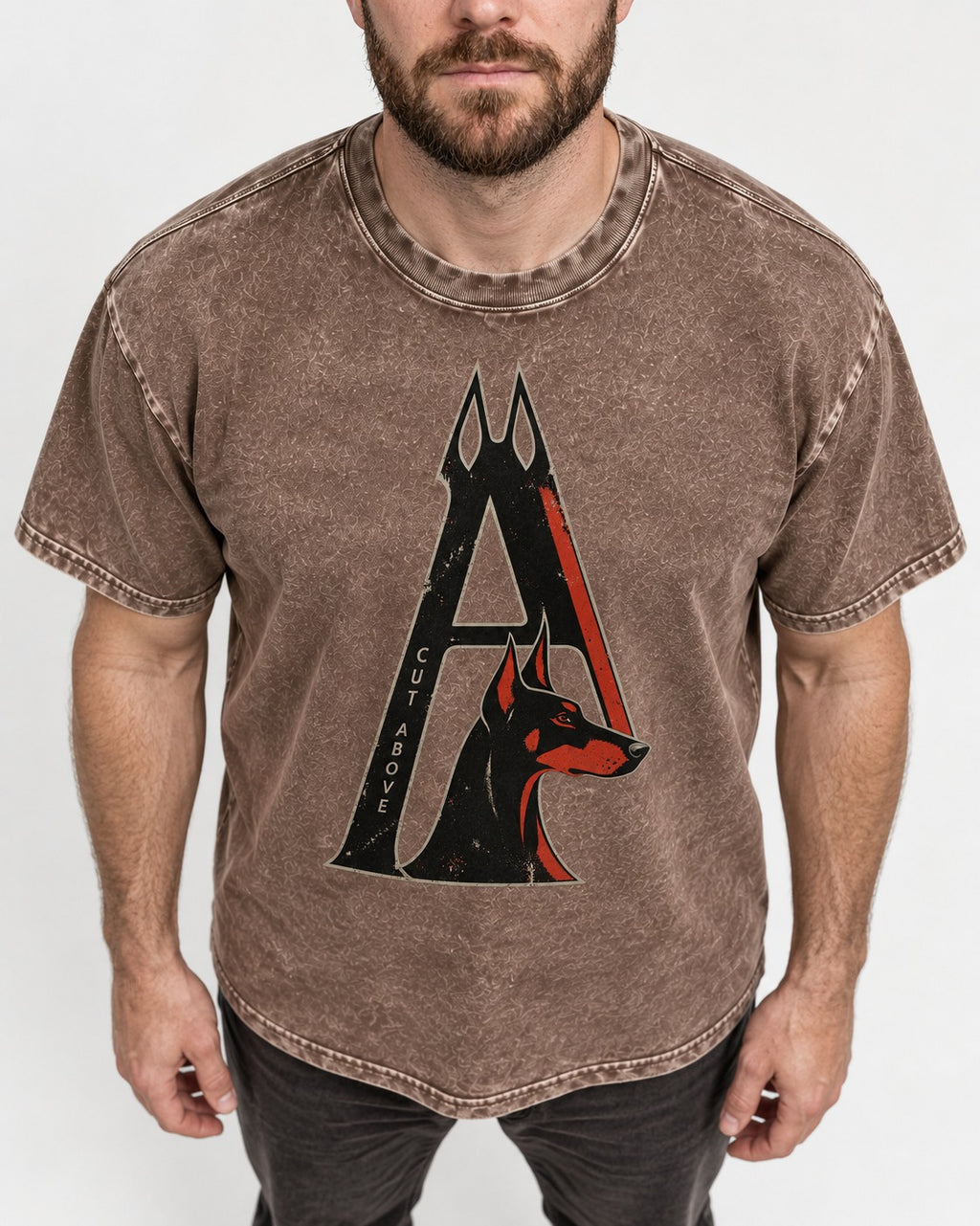 Doberman A Cut Above Washed Tee in Coffee, worn by a model, front view