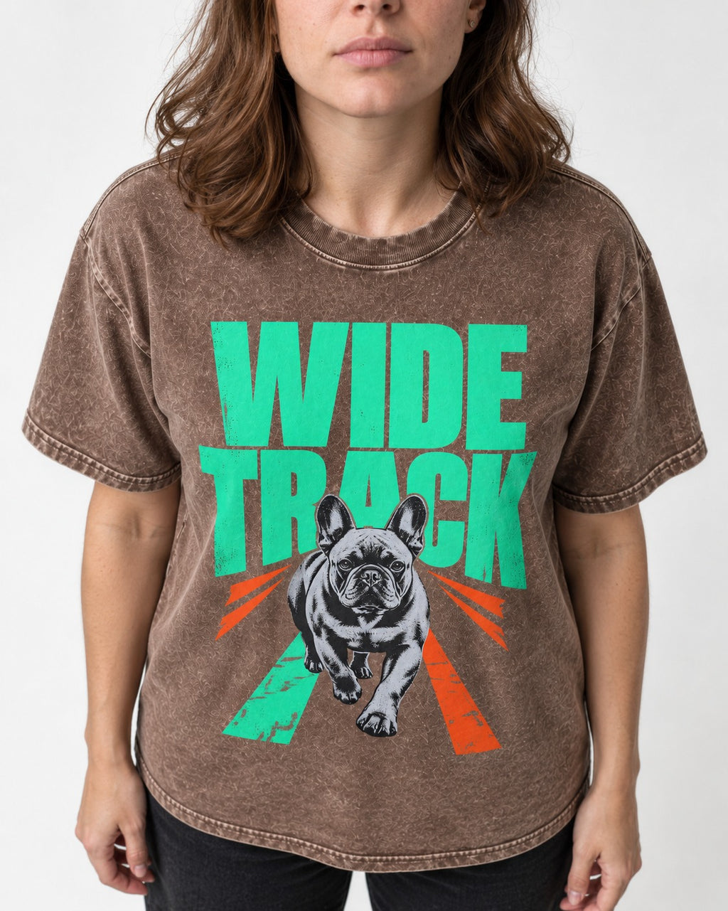 Wide Track Frenchie Washed Tee in Coffee, worn by a model, front view