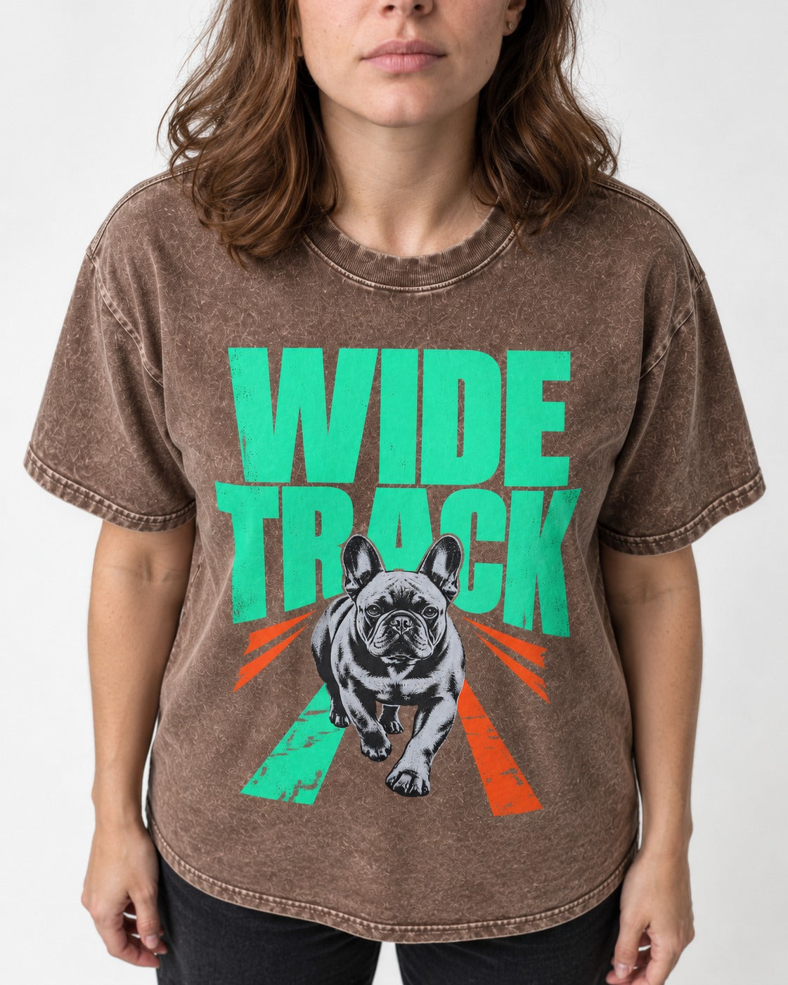 Wide Track Frenchie Washed Tee in Coffee, worn by a model, front view
