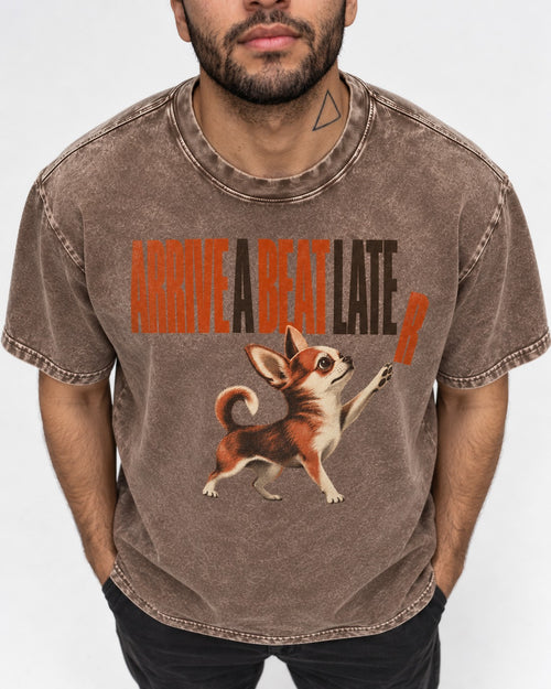 Arrive a Beat Later Chihuahua Washed Tee in Coffee, worn by a model, front view