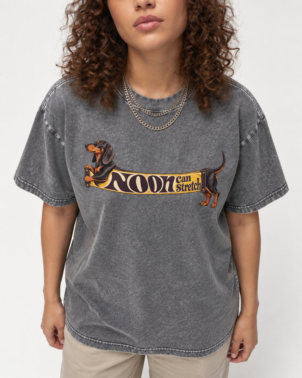 Dachshund Noon Can Stretch Sign Graphic Washed Tee in Gray, worn by a model, front view