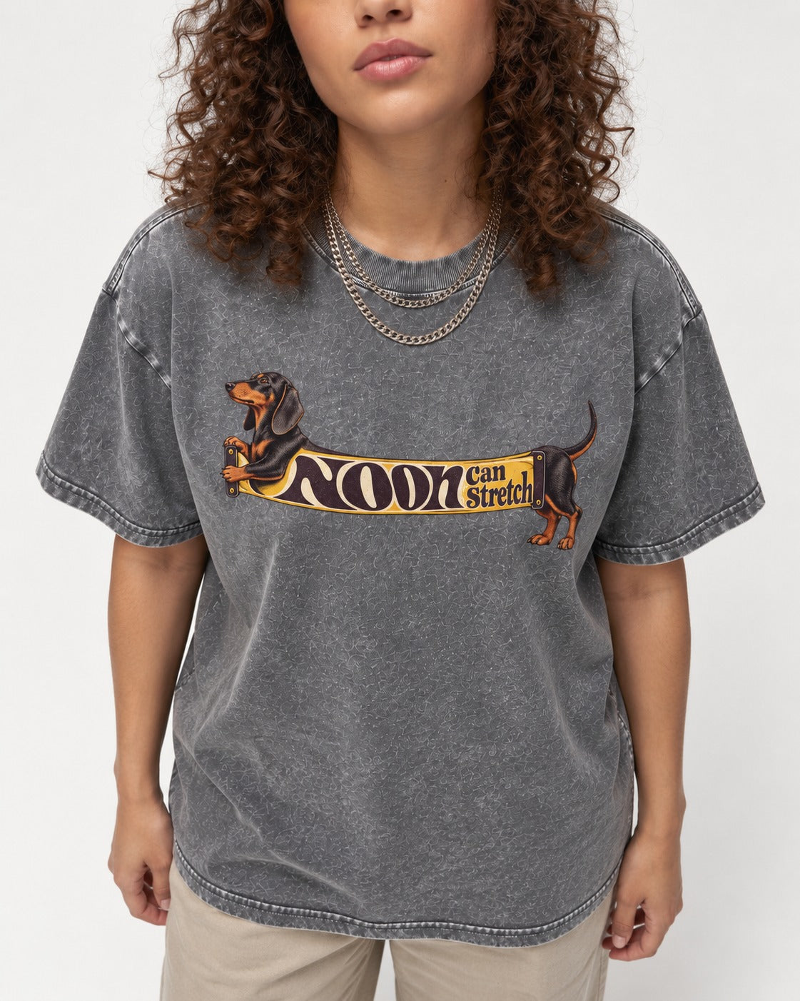 Dachshund Noon Can Stretch Sign Graphic Washed Tee in Gray, worn by a model, front view