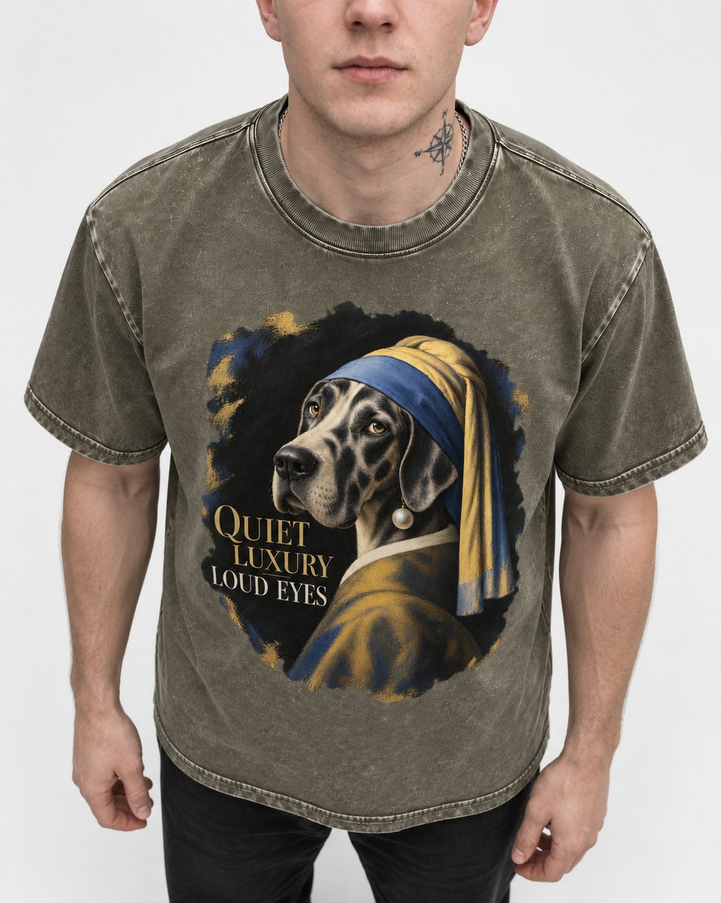 Great Dane Quiet Luxury Loud Eyes Pearl Portrait Graphic Washed Tee in Army Green, worn by a model, front view