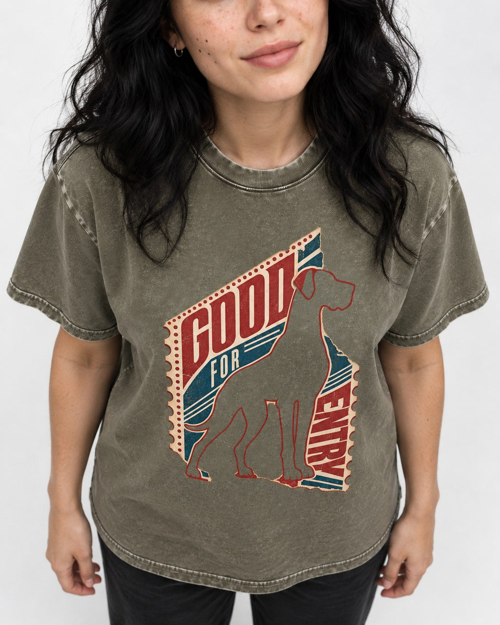 Great Dane Good for Nothing Ticket Cutout Graphic Washed Tee in Army Green, worn by a model, front view