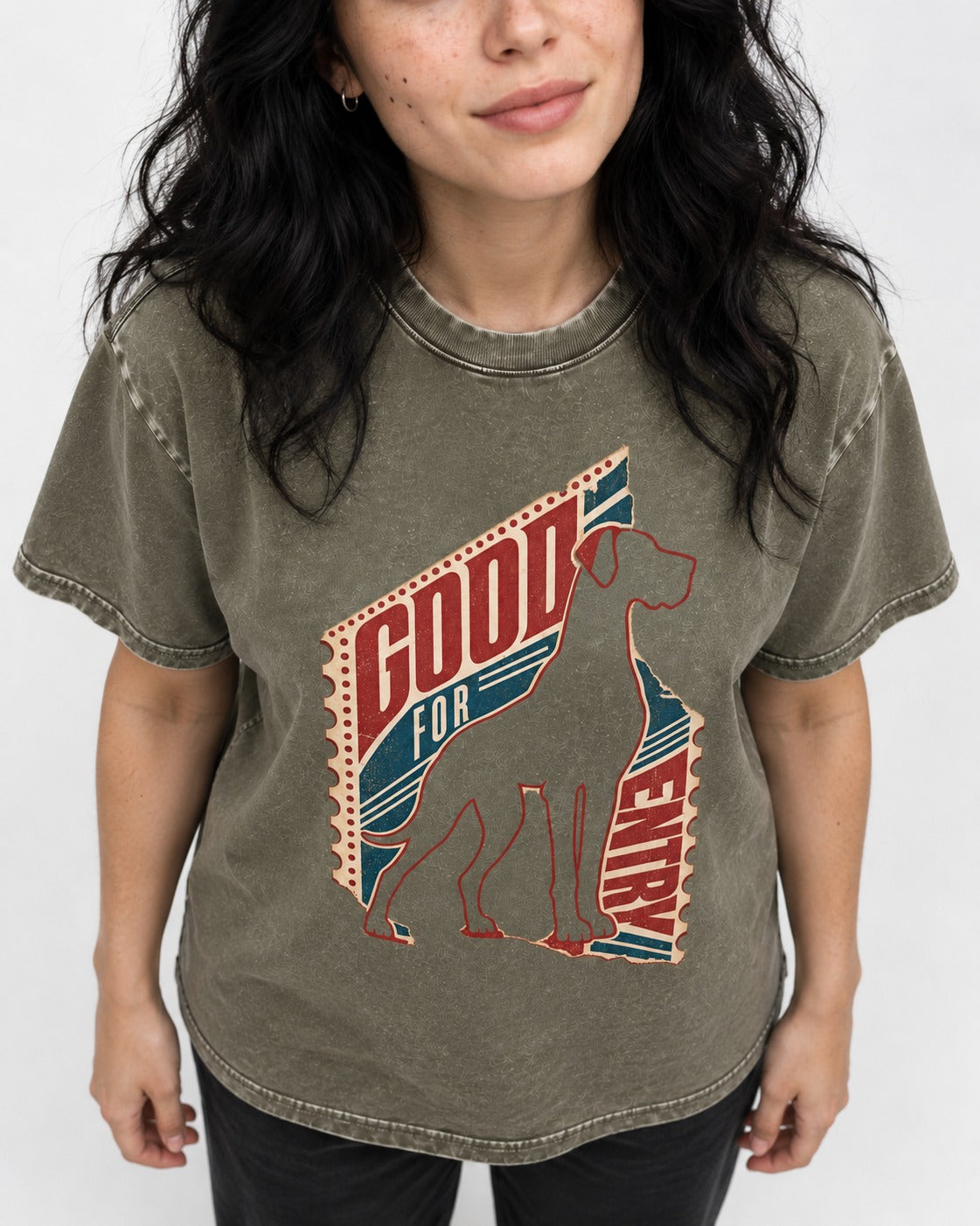 Great Dane Good for Nothing Ticket Cutout Graphic Washed Tee in Army Green, worn by a model, front view