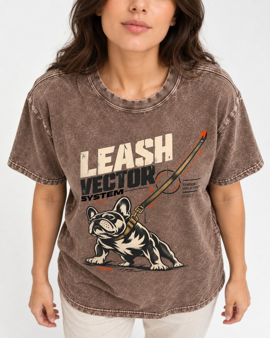 Frenchie Leash Vector Washed Tee in Coffee, worn by a model, front view