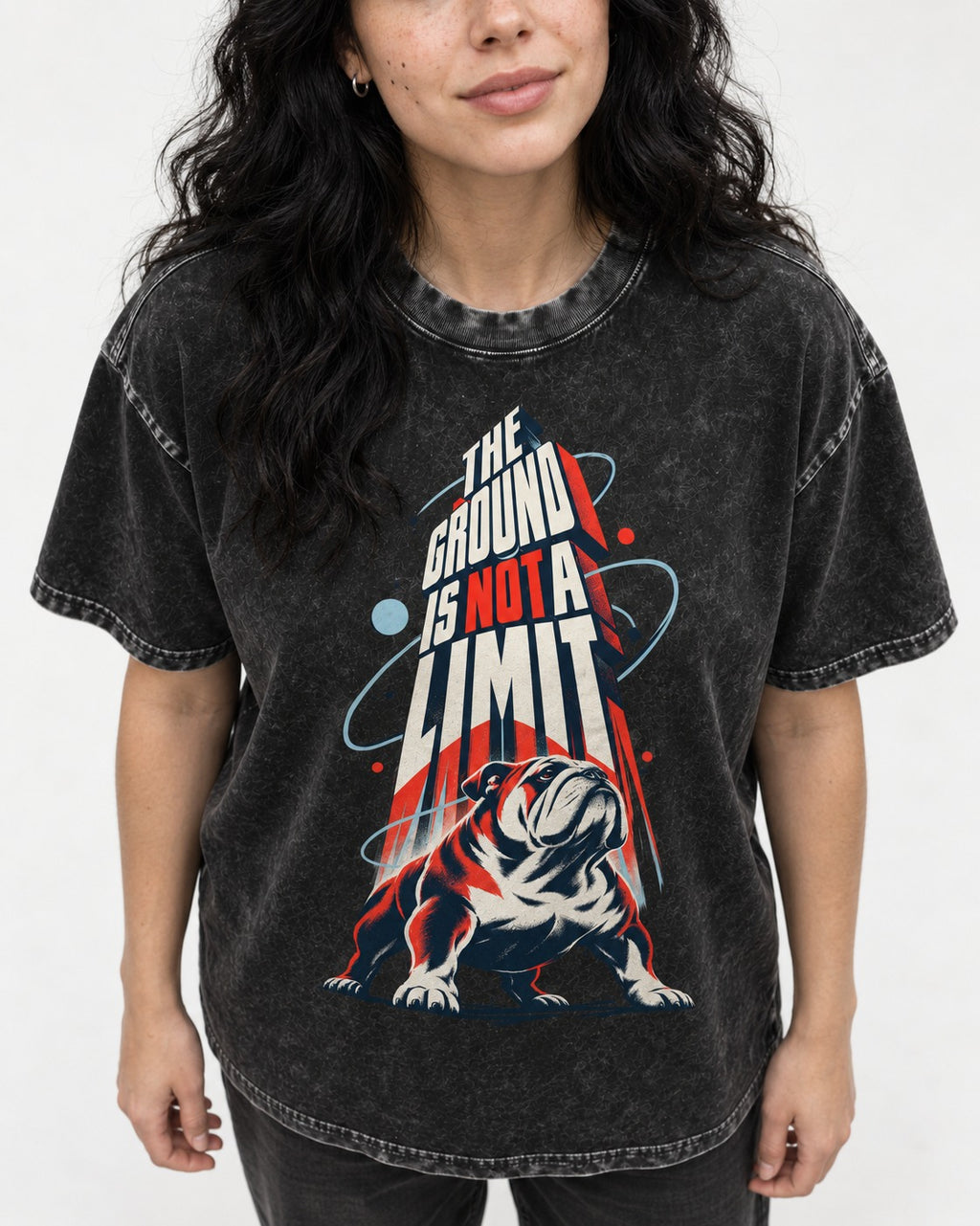 English Bulldog The Ground Is Not a Limit Orbital Graphic Washed Tee in Black, worn by a model, front view