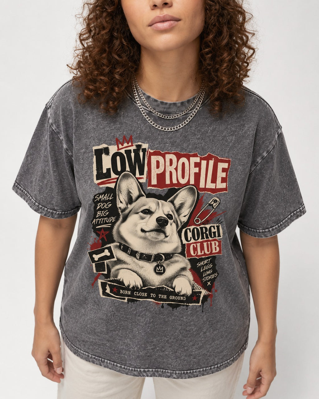 Corgi Low Profile Corgi Club Punk Collage Graphic Washed Tee in Gray, worn by a model, front view