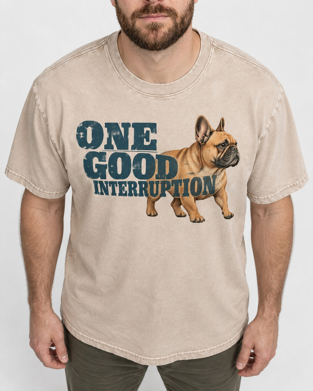 One Good Frenchie Interruption Washed Tee in Apricot, worn by a model, front view