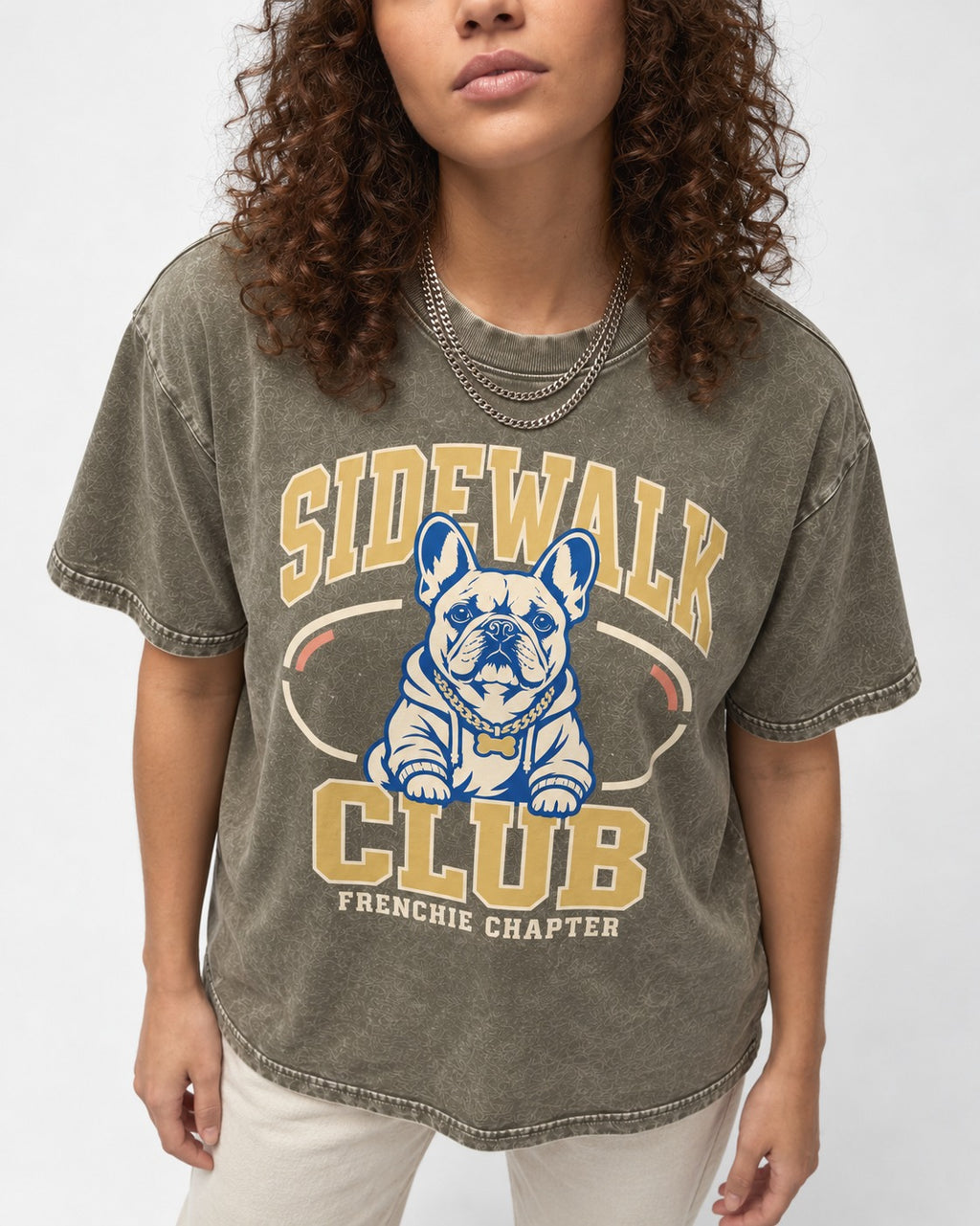 Frenchie Sidewalk Club Chapter Graphic Washed Tee in Army Green, worn by a model, front view