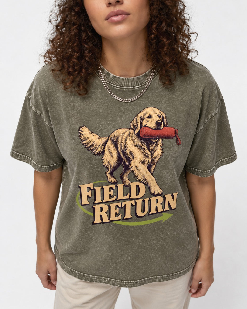 Golden Retriever Field Return Training Dummy Graphic Washed Tee in Army Green, worn by a model, front view