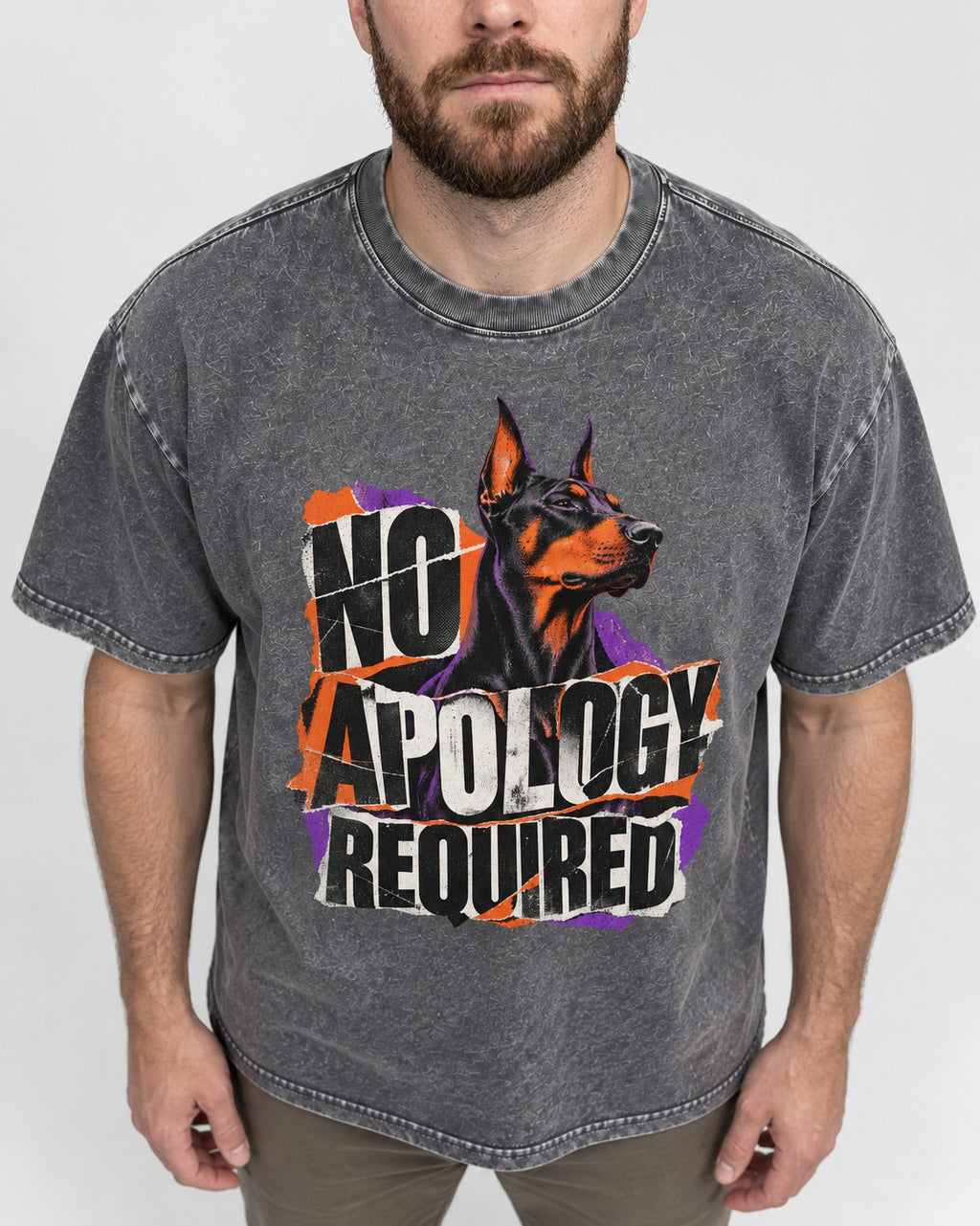 Doberman No Apology Required Torn Paper Graphic Washed Tee in Gray, worn by a model, front view