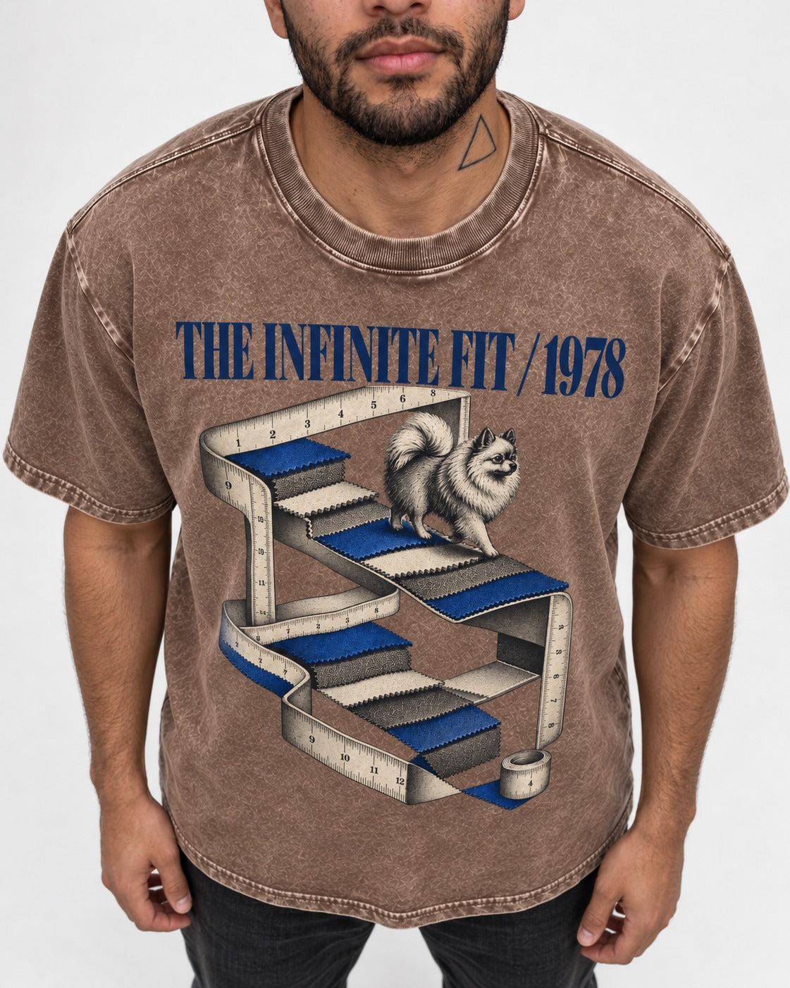 The Infinite Pomeranian Fit Washed Tee in Coffee, worn by a model, front view