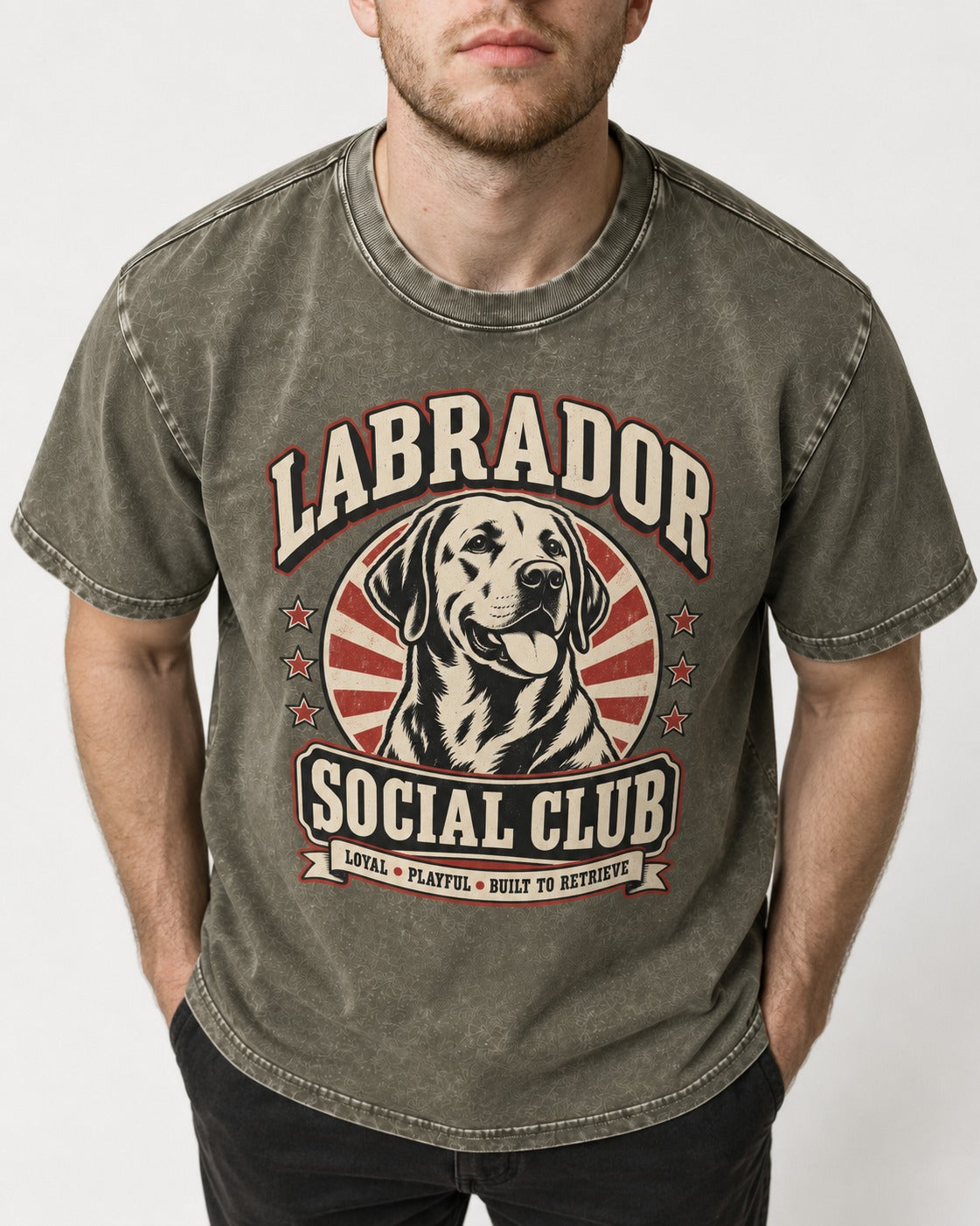 Labrador Retriever Social Club Loyal Playful Built to Retrieve Badge Graphic Washed Tee in Army Green, worn by a model, front view