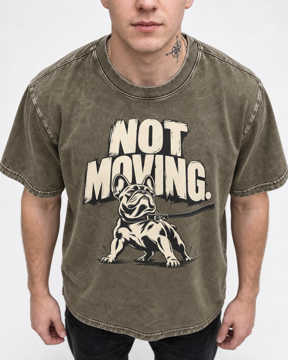 Frenchie Not Moving Taut Leash Poster Washed Tee in Army Green, worn by a model, front view