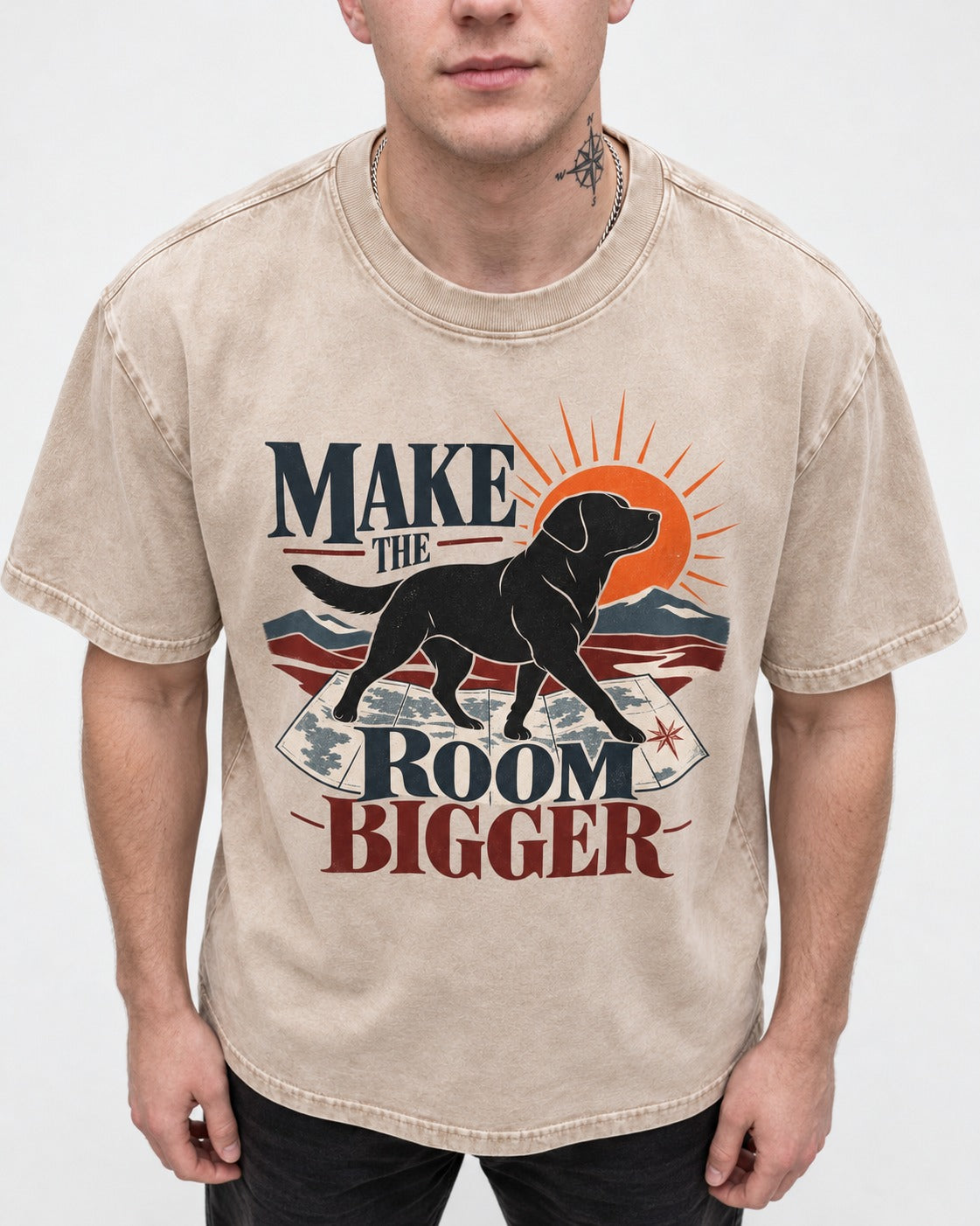 Make the Room Bigger Labrador Retriever Washed Tee in Apricot, worn by a model, front view