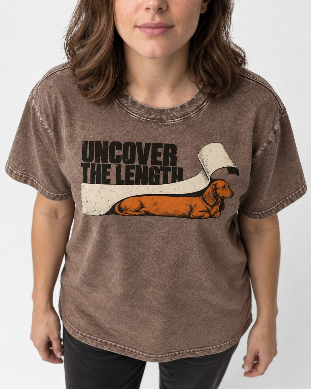 Uncover the Dachshund Length Washed Tee in Coffee, worn by a model, front view