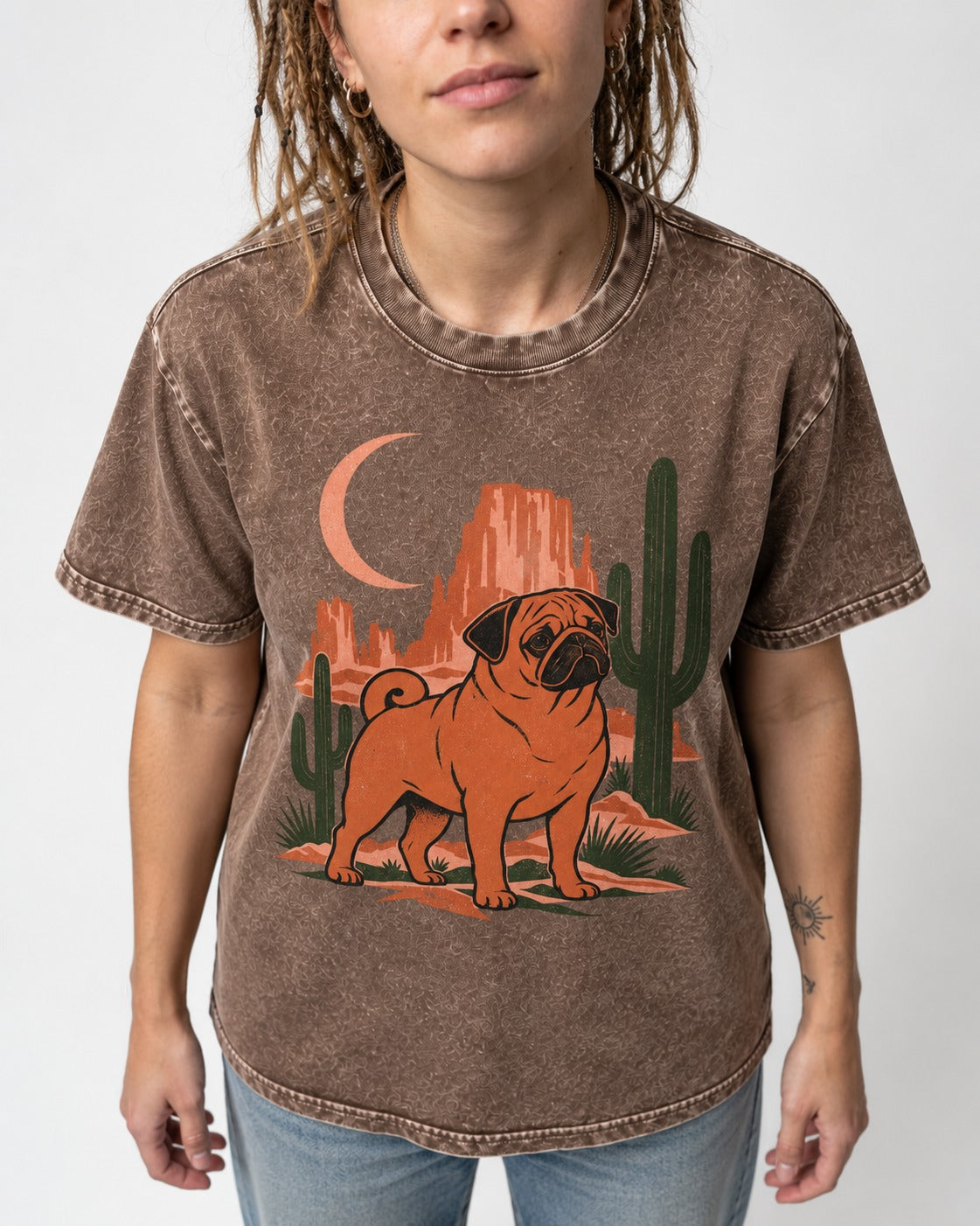 Pug Wild at Heart Washed Tee in Coffee, worn by a model, front view