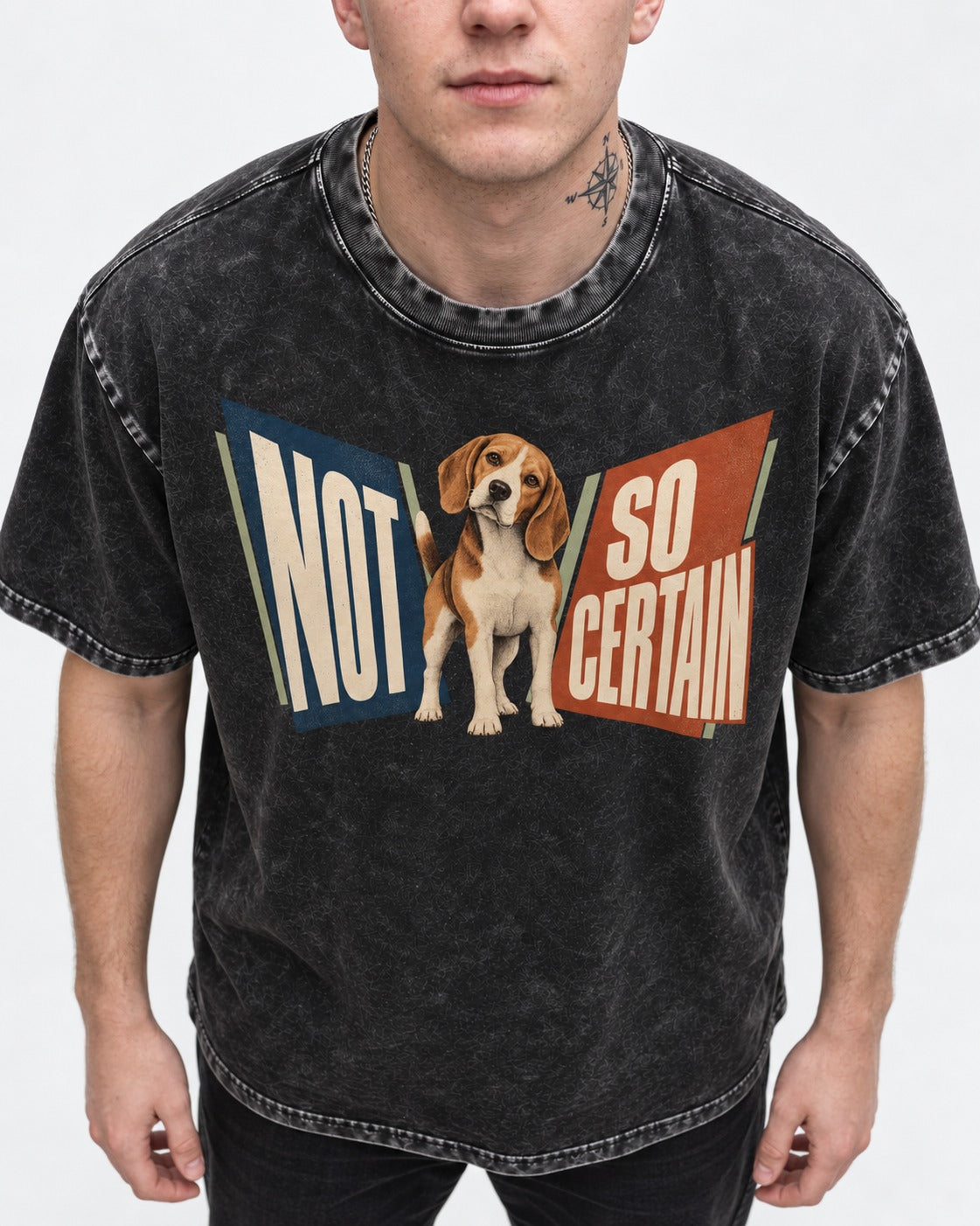 Beagle Not So Certain Retro Panel Graphic Washed Tee in Black, worn by a model, front view