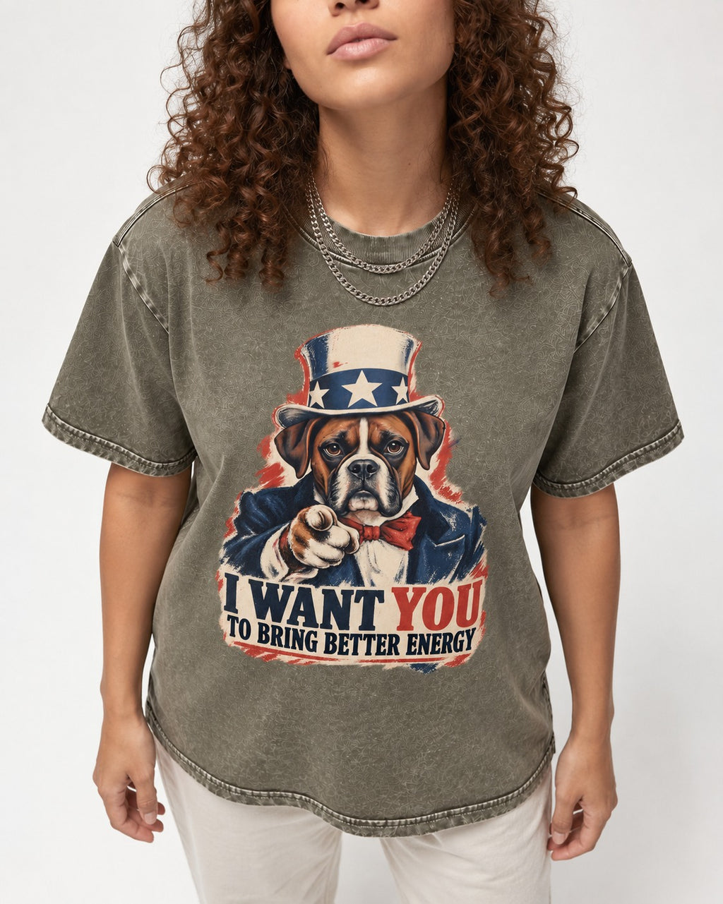 I Want You to Bring Better Energy Boxer Recruitment Poster Graphic Washed Tee in Army Green, worn by a model, front view