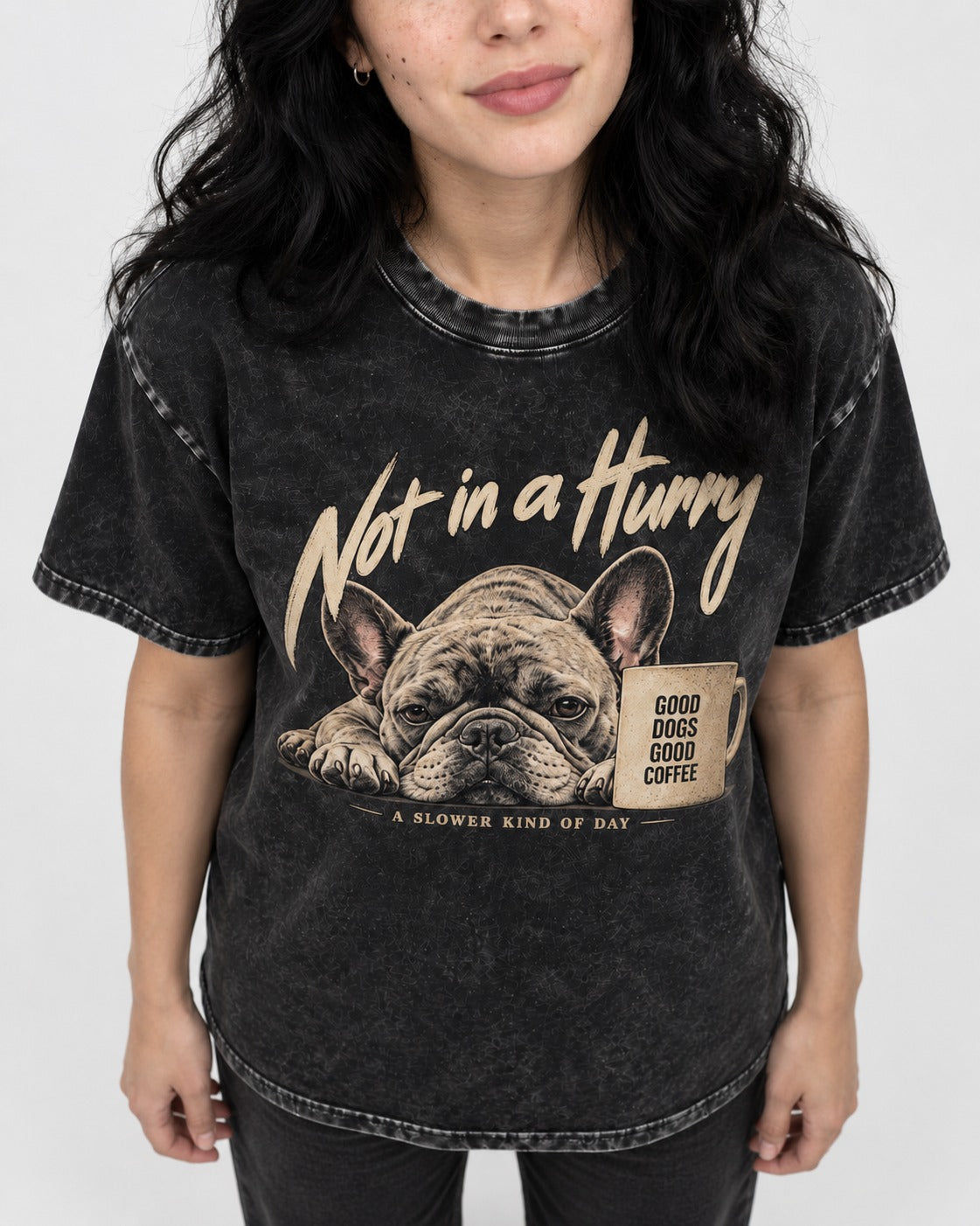 Frenchie Not in a Hurry Coffee Graphic Washed Tee in Black, worn by a model, front view