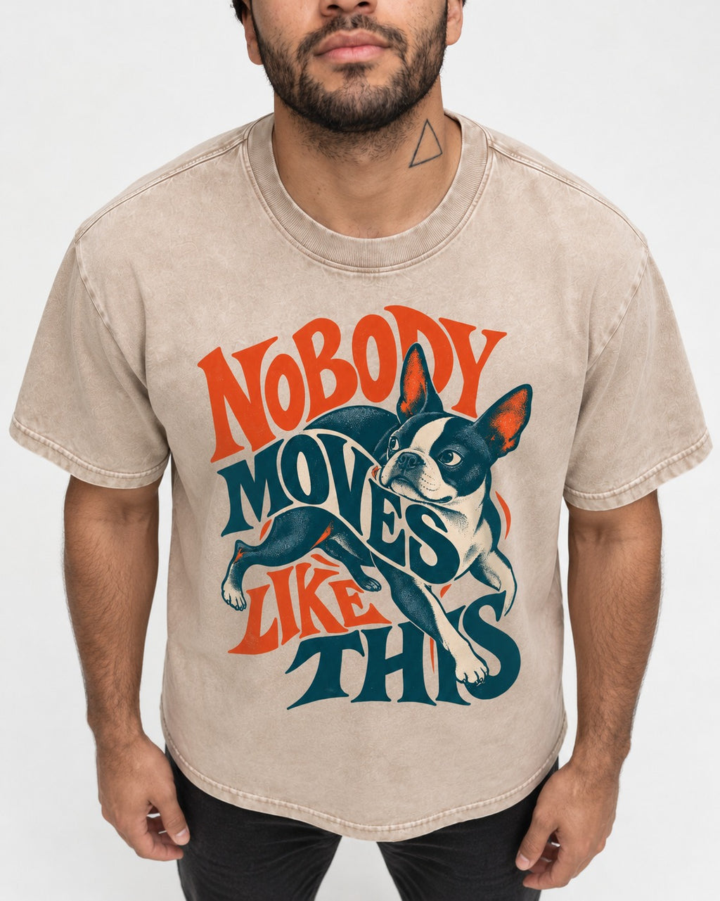 Nobody Moves Like This Boston Terrier Washed Tee in Apricot, worn by a model, front view