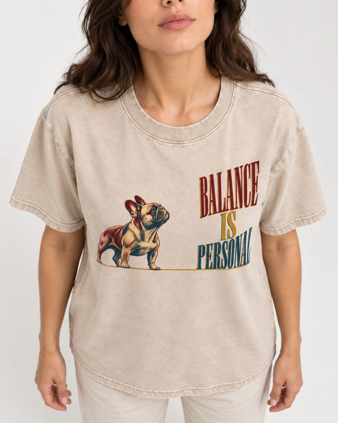 Frenchie Balance Is Personal Washed Tee in Apricot, worn by a model, front view