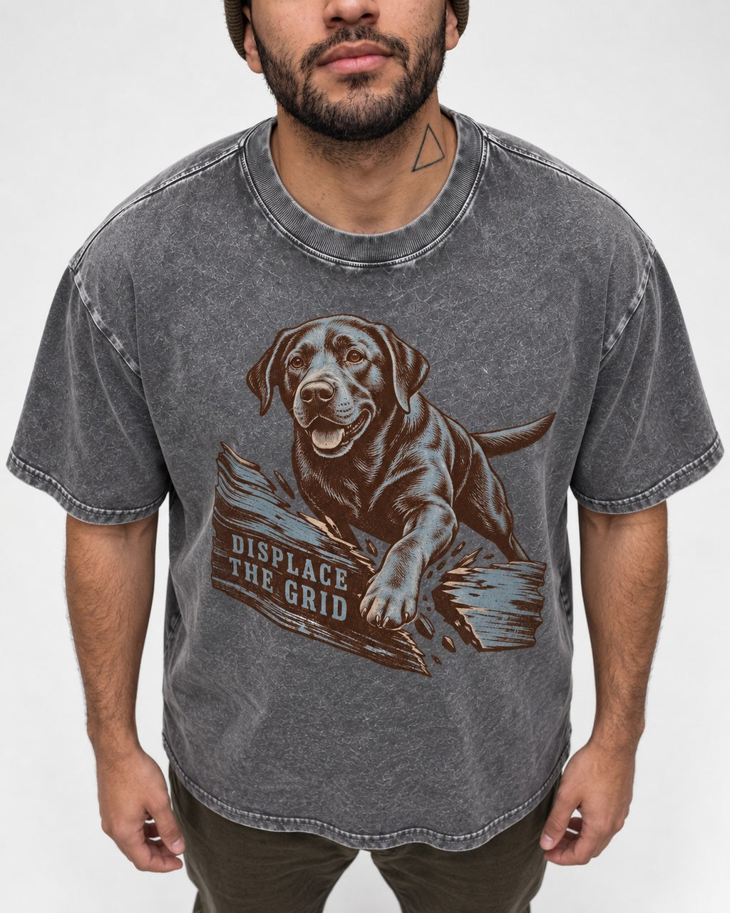 Labrador Retriever Displace the Grid Breaking Plank Graphic Washed Tee in Gray, worn by a model, front view