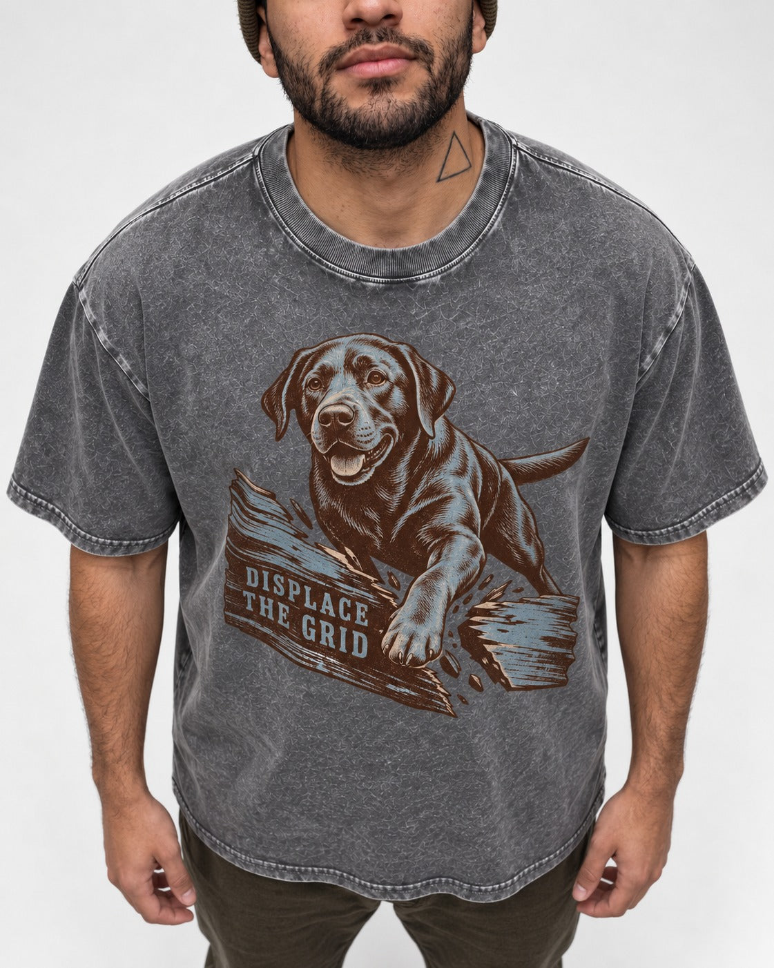 Labrador Retriever Displace the Grid Breaking Plank Graphic Washed Tee in Gray, worn by a model, front view