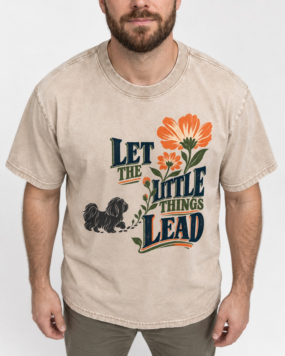 Let the Shih Tzu Lead Washed Tee in Apricot, worn by a model, front view