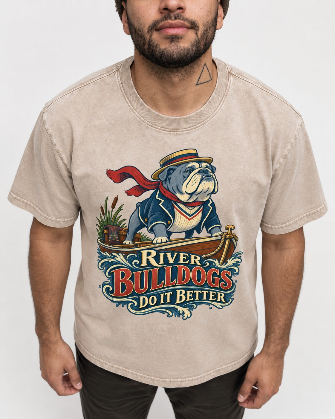 River English Bulldog Does It Better Washed Tee in Apricot, worn by a model, front view